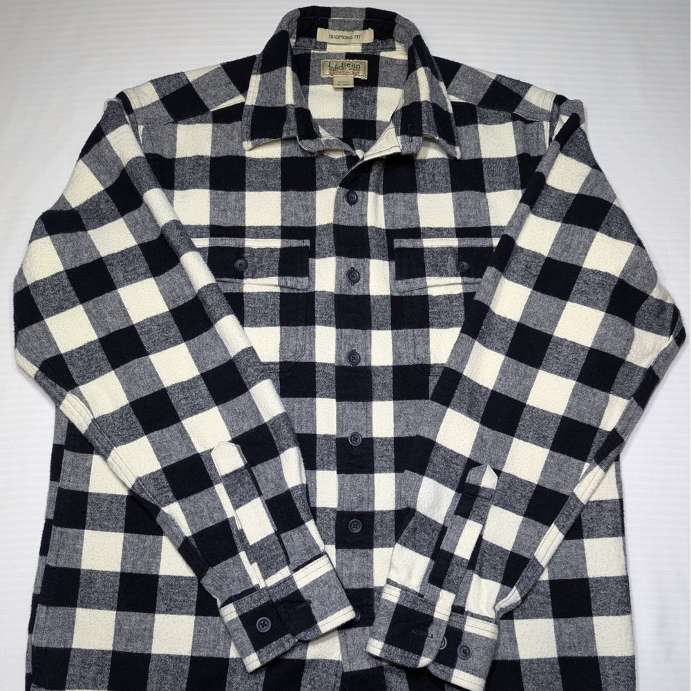 LL Bean Men Chamois Flannel Shirt Cotton M Gray Buffalo Plaid Heritage